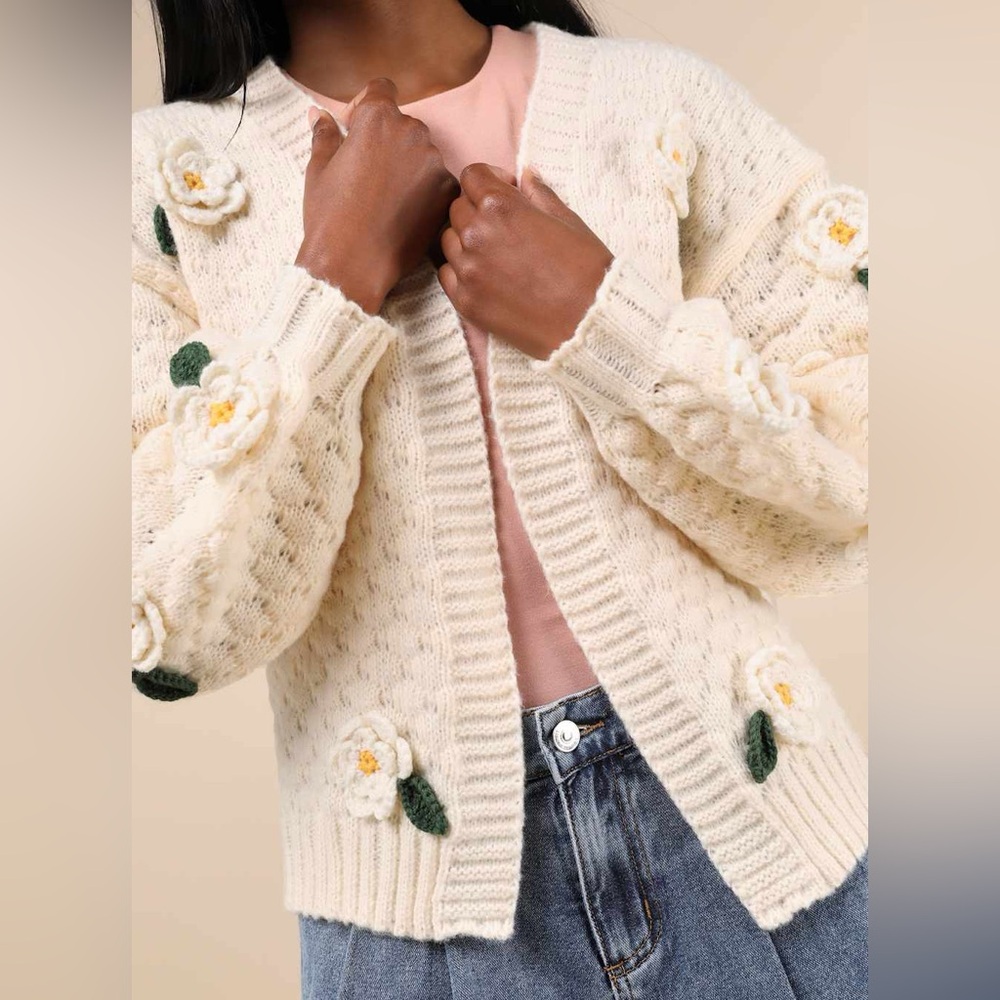 NWT Lulus Chosen Charm Cream Knit Floral Embroidered Cardigan - Picture 2 of 9